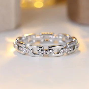 Vintage Hollow White Zircon Chain Ring Simple Fashion Silver Color Wedding Bands Engagement Jewelry For Women Men