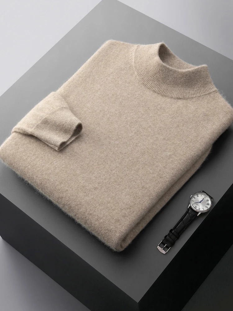 High Quality Autumn Winter 100%Pure Cashmere Sweater Men Semi-high Neck Solid Pullovers Youth Casual  Tops Warm Knit Shirt Tide