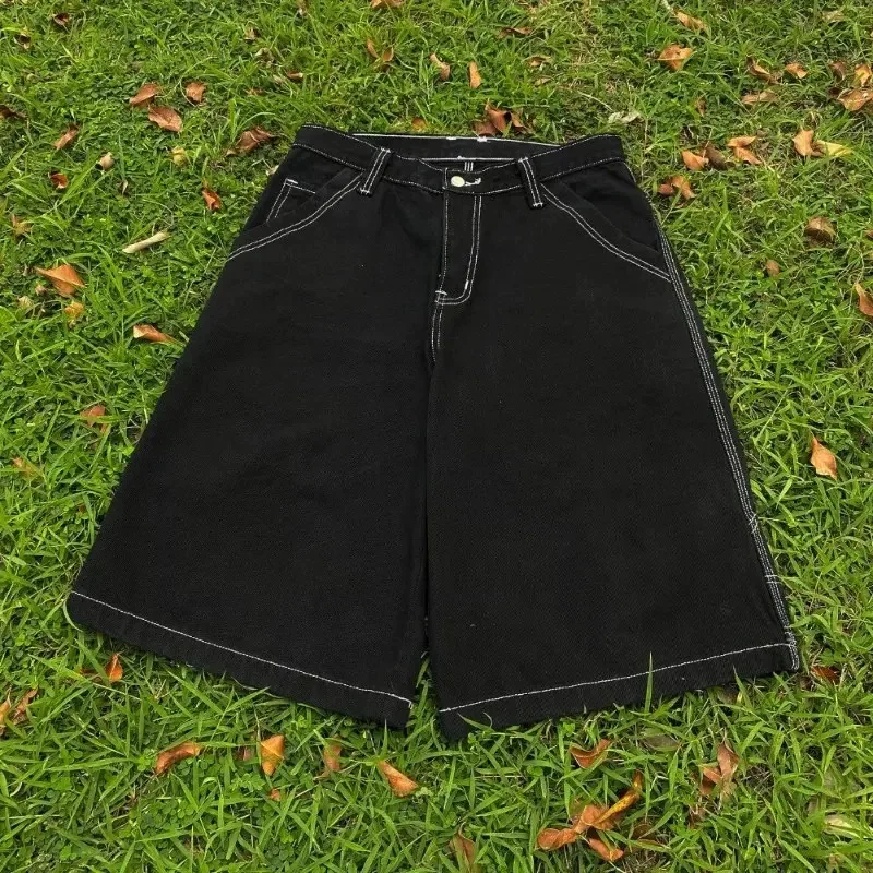 QWEEK 여성용 헐렁한 Jorts 빈티지 아메리칸 스트리트웨어, 와이드 레그, 무릎 길이 청바지, 고딕 자수, 루즈 데님 반바지, Y2k, 여름