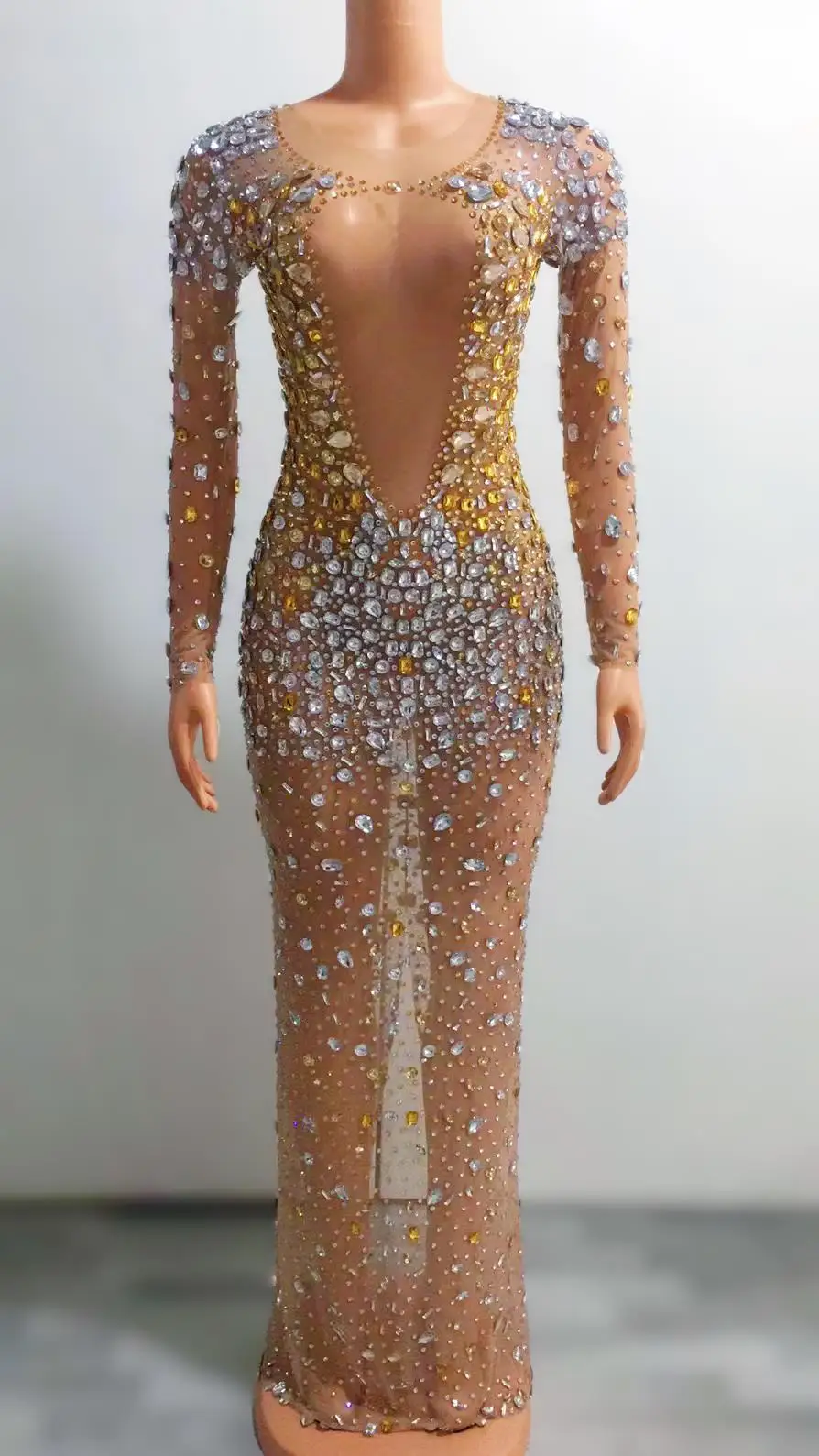 

Sexy Long Sleeves Costume Prom Party Dresses Shining Silver Gold Rhinestones Evening Celebrate Dress Dancer Show Stage