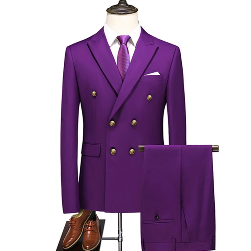 Men Slim Fit Fashion Business Casual Double Breasted Blazers Jacket Coat Trousers Wedding Groom Party Skinny 2 Pcs Suits Pants mens suit