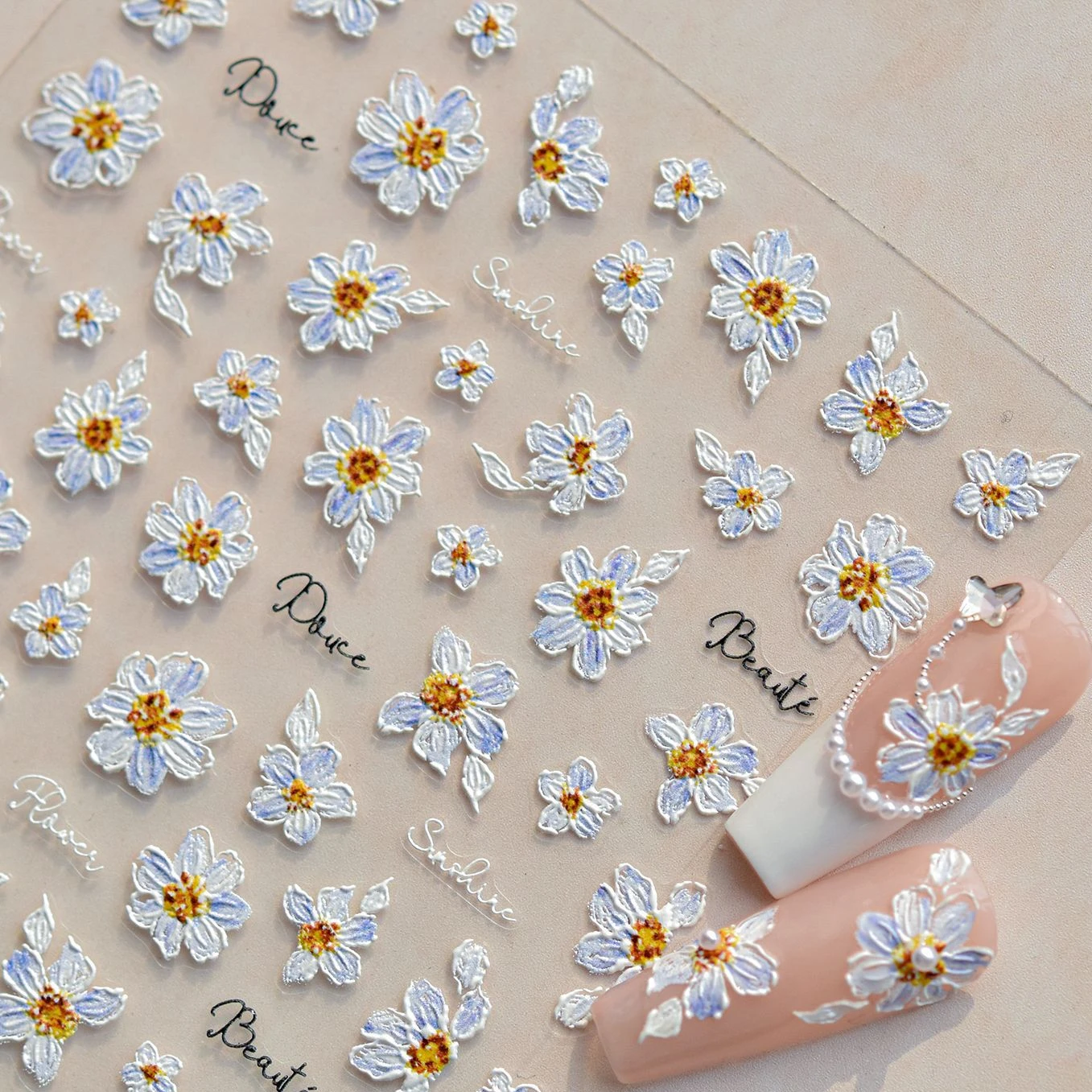 Flowers in Bloom Cosmos Chrysanthemum Daisy White Petal Yellow Stamen Self Adhesive Nail Art Decorations Sticker Manicure Decals