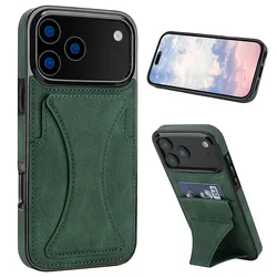 Leather Phone Case with Card Slots and Foldable Kickstand - Shockproof Design - iPhone 18 (Green)
