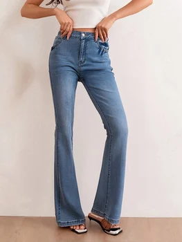 Women s High Waist Flare Jeans with Embroidered Floral Detailing Vintage Bell Bottom Denim Pants Stylish Long Trousers 2