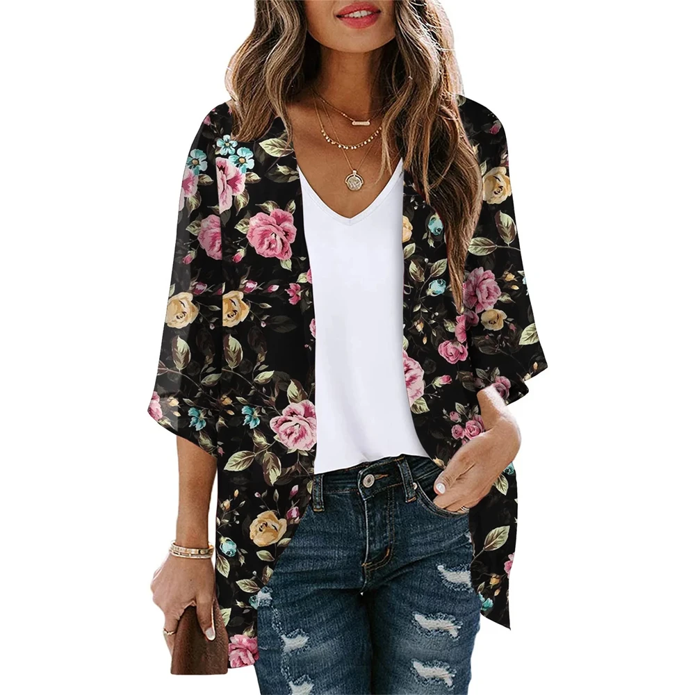 New Summer Womens Floral Printed Short Sleeve Chiffon Kimono