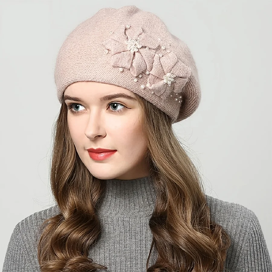 New hat in autumn and winter, Korean version, versatile, plush, warm rabbit wool women's knitting hat, pearl Beret_voghion.com