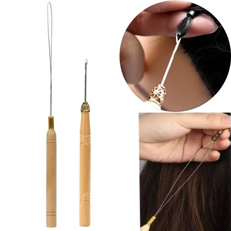 Micro Rings Loop Threader Pulling Needle Wooden Handle Hair Hook for Human Hair Feather Extension Tools Wig Needles metal needle threader for large eye needles hand sewing embroidery cross stitch steel sheet threader double hook threader