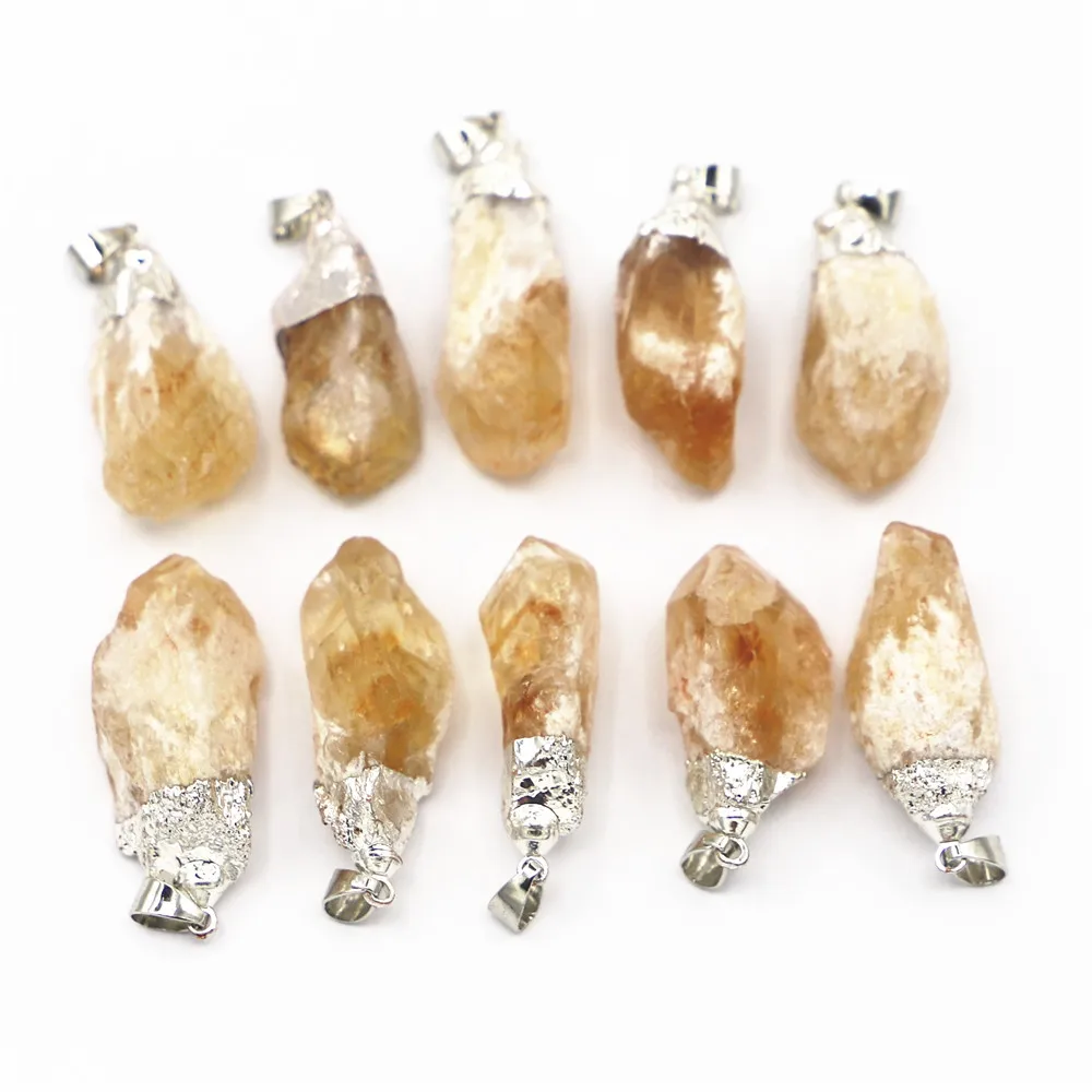 New Natural Stone Irregular Yellow Crystal Citrine Pendants Charms Silver Plated for Fashion Women Jewelry Necklace Making 12pcs