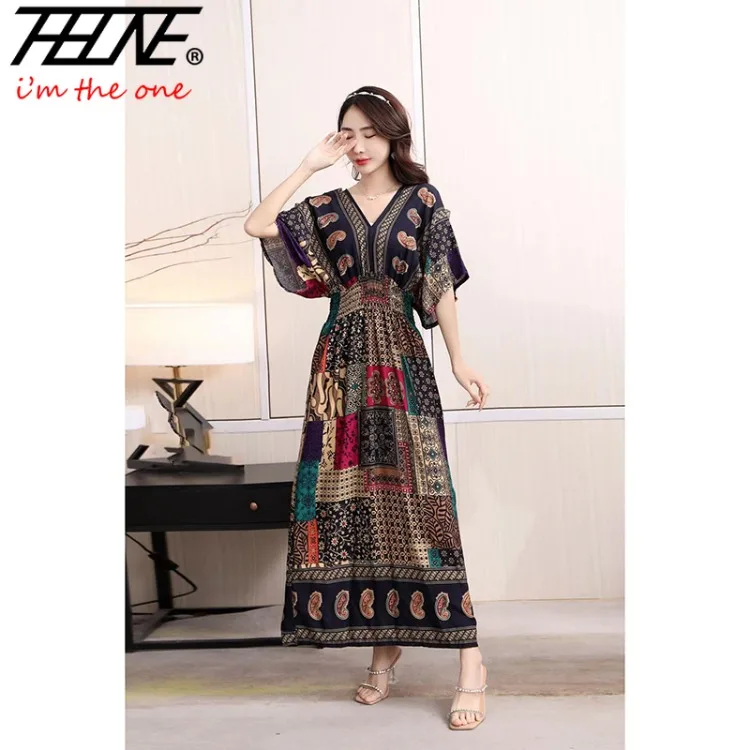 Women Dress Summer 2024 Maxi Long Print Indian Bohemian Clothing New in Dresses Vintage Korean Style Fashion Robe Ropa De Mujer