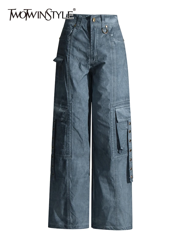 

TWOTWINSTYLE Safari Style Jeans For Women High Waist Patchwork Pockets Streetwear Cargo Pants Female Fashion Clothing 2023 New