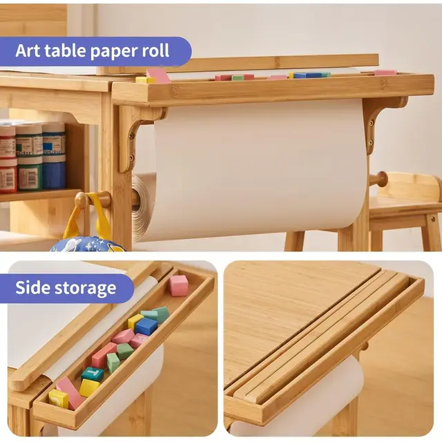 Art Table and Chair Set for Kids with Paper Roll Holder, Storage Shelves, Side Tray, Organizer Caddy, and 2 Stools, Ideal for Ag
