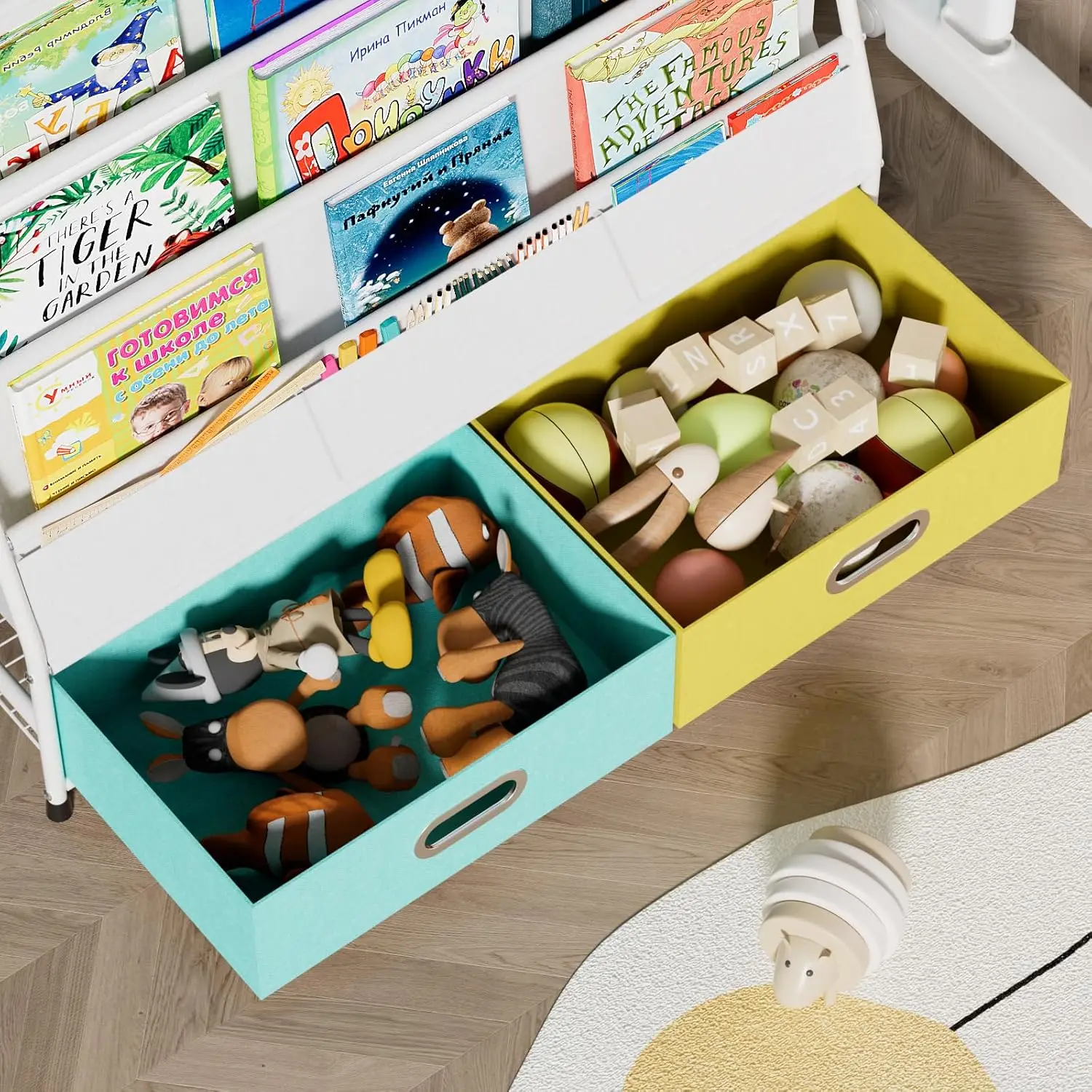 Kids Bookshelf 4 Tier Small Bookcase for Kids Room Metal Nursery Book Shelf Sling Book Shelf and Toy Storage for Children