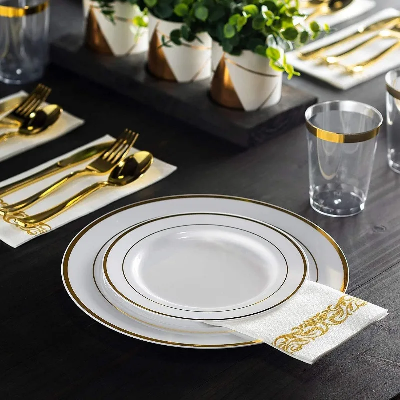 100 Piece Plastic Party Plates White Gold Rim 10.25 Inch Dinner Elegant Fancy Heavy Duty Disposable Wedding Plates dining dish