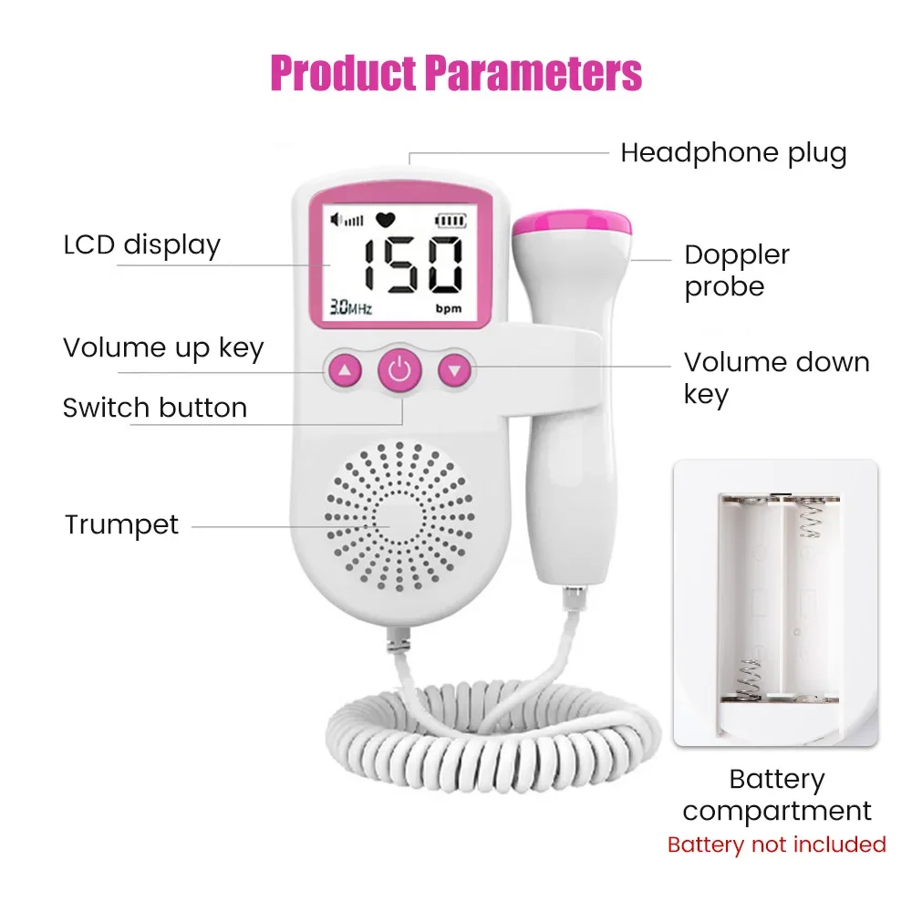 Fetal Doppler Portable LCD Display No Radiation 3.0MH Heart Rate Monitor Sonar Meter For Home Pregnancy Baby Sound B Detector