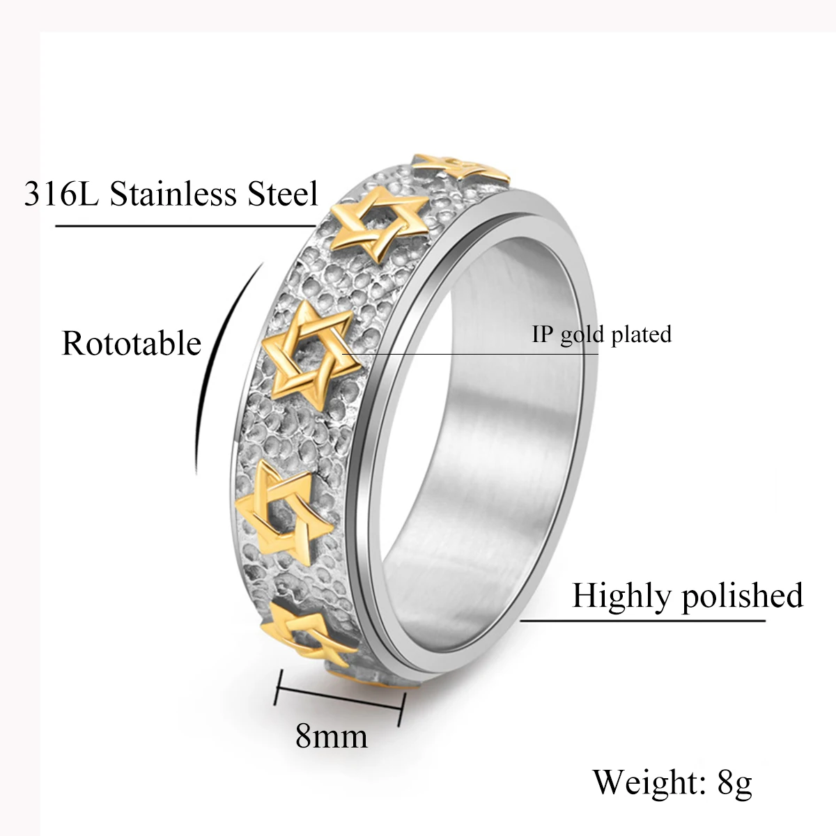 8mm Vintage Star of David Spinner Ring Hexagram Jewish Six Pointed Rotable Fidget Stainless Steel Rings Relieve Stress Men Women 6