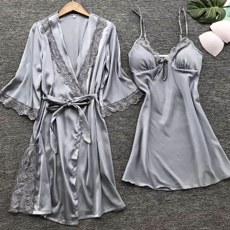 2024 New Leepwear Female Pajamas Set Satin Home Pyjamamas Lace Robe Sleep Suit V-Neck Wedding Nightwear Wear Nighty&Rob