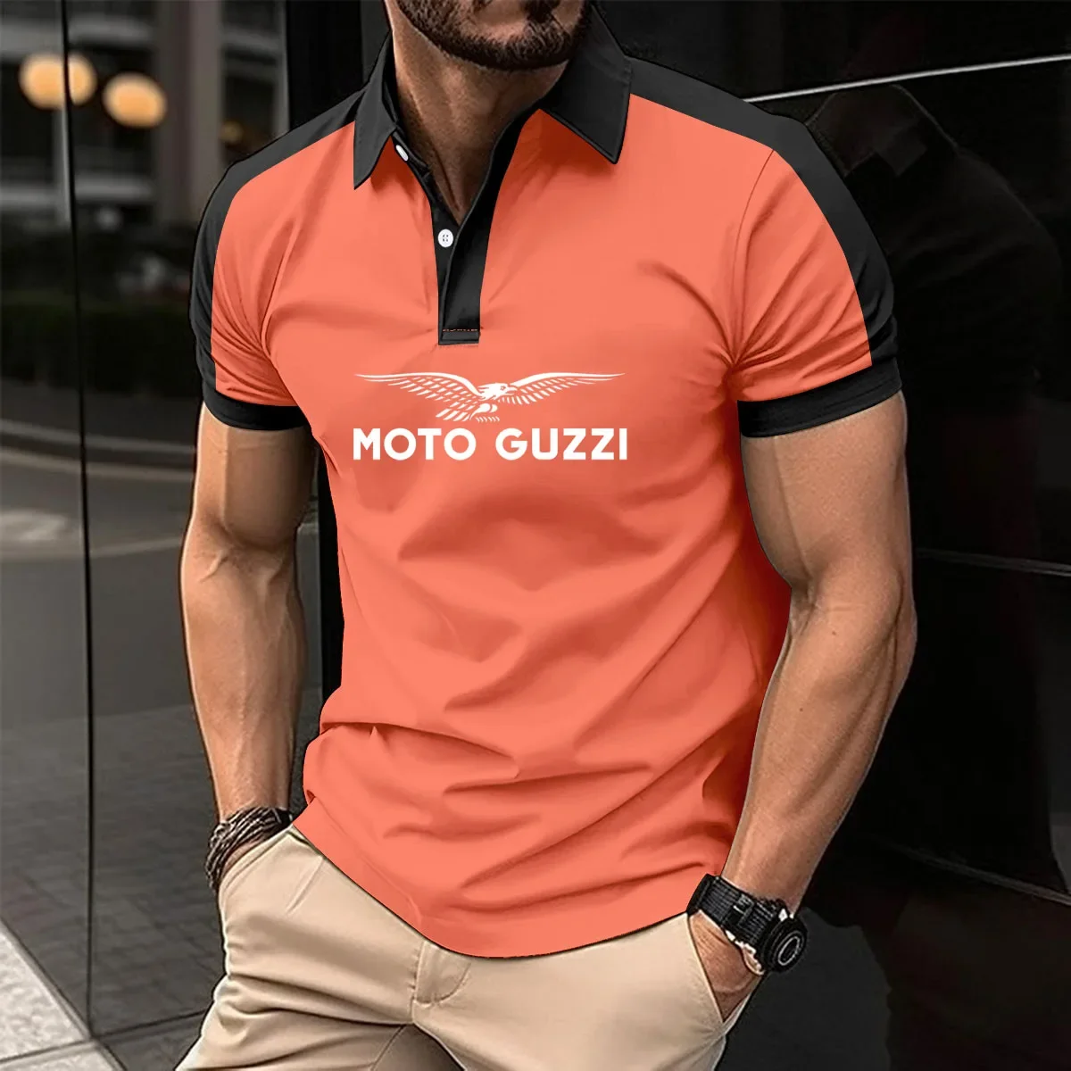 Description Picture 3 of itemFashion POLO shirt new sales comfortable cotton Polo short sleeve moto guzzi print Color matching Harajuku business men's shirt