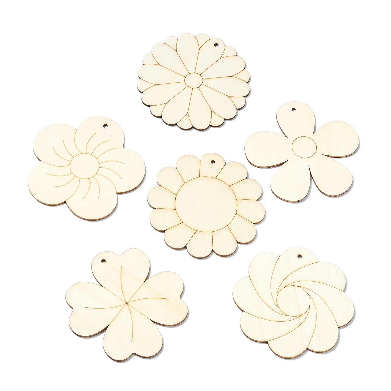 Panda hall 30pcs 6 Stile Holz frühlings ornamente unvollendete Blumen pflanzen anhänger mit Seilen für Bastel dekoration – Detail 8
