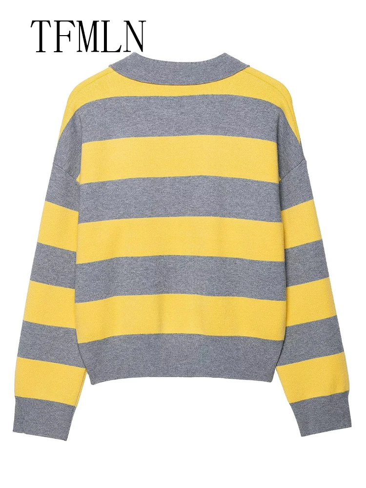 TFMLN Oversize Striped Knitter Sweater For Women 2025 Autumn Fashion Causal Loose Polo Collar Pullover Tops Chic Street Knitwear