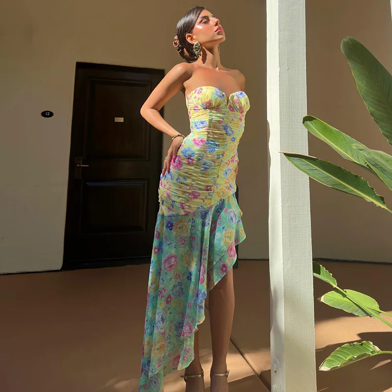 

High Quality Luxury Women Clothing French Retro Printed One Line Collar Long Dress Sexy Temperament Slim Fitting Fishtail Skirt