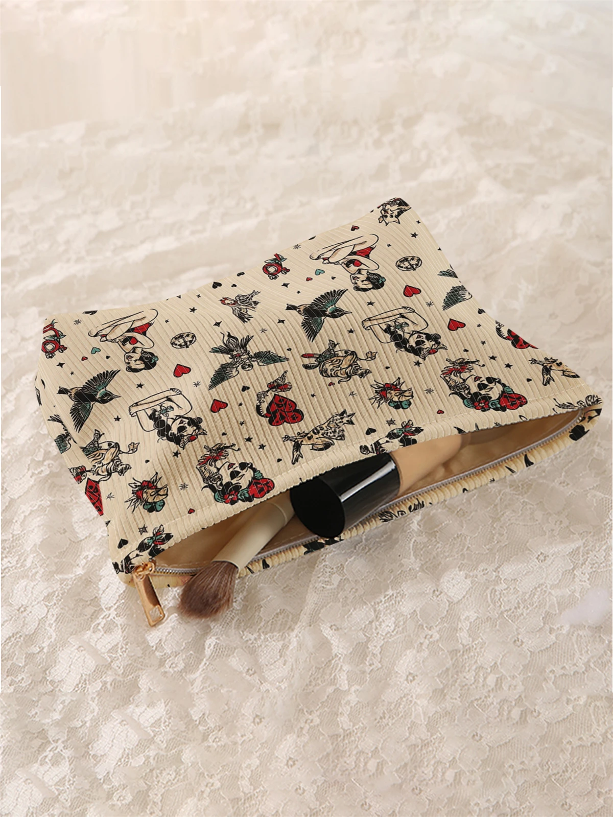 1 cartoon pattern printed corduroy makeup bag, lightweight zipper makeup storage box, multifunctional bag with lining