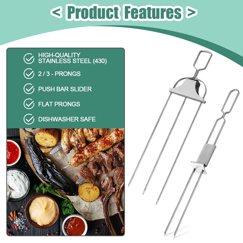 3 Way Grill Skewers Shrimp Skewers For Grilling Stainless Steel Reusable Semi-Automatic BBQ Fork 2 Way Kebab Stick Kitchen Tools