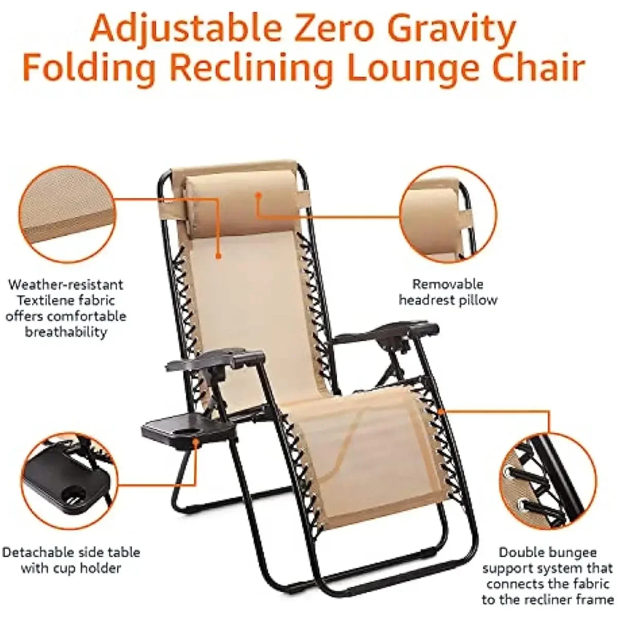 Zero Gravity Chair with Side Table, Set of 2, Beige 4