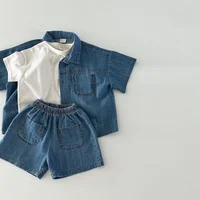 Ensemble deux pièces décontracté en denim pour enfants, chemise à manches courtes et short trempés, vêtements coréens pour garçons et filles, été, nouveau, 6856-1 3