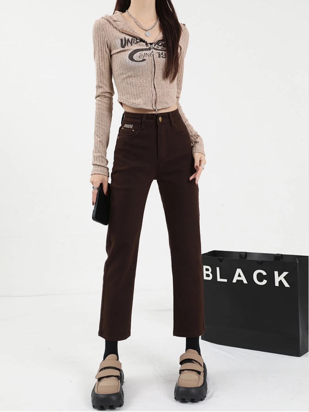 

Женские прямые джинсовые брюки, удобные облегающие повседневные штаны с завышенной талией, одежда для покупок, 9 точек