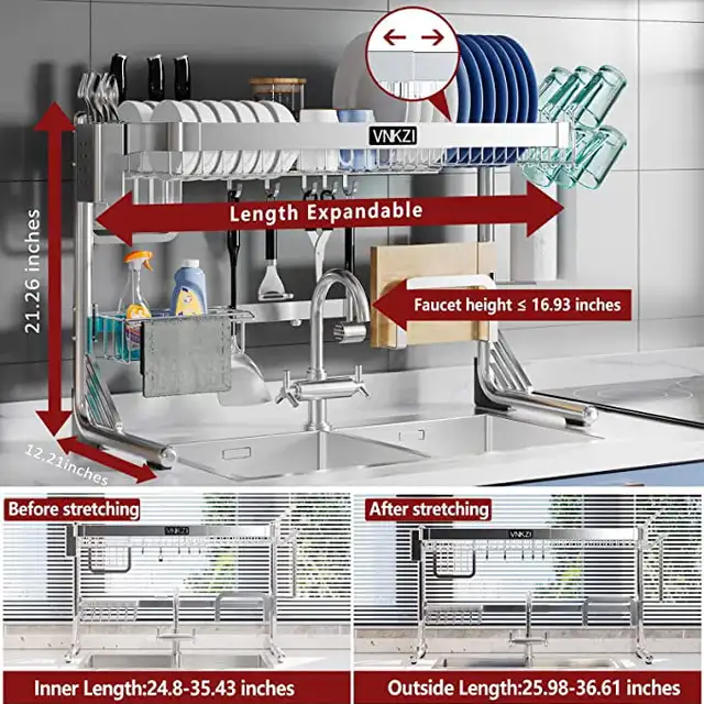 VNKZI Over Sink Dish Drying Rack, Full Stainless Steel Adjustable Kitchen  Rack(25.98''-36.61''), Expandable Counter Organization - AliExpress