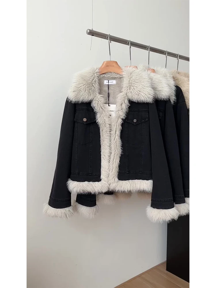 

Women Black Denim Plush Jacket Harajuku Long Sleeve Jean Jacket Female Outerwear Korean Y2k Vintage Short Denim Coat Fashion Top