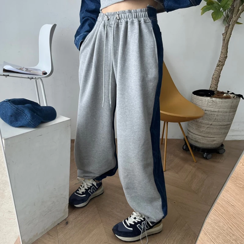 

SuperAen Korea Chic Autumn and Winter Niche Design Elastic High Waist Contrast Stitching Denim Wide-leg Straight Casual Pants