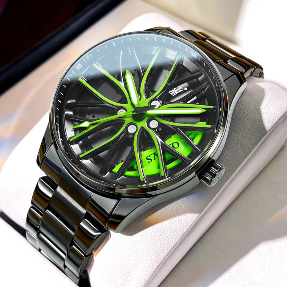 Orologio Uomo OLEVS Scheletrato Al Quarzo, Cinturino In Acciaio Inox, Quadrante Con Ruota Di Auto Sportiva, Impermeabile 3 ATM, Cronografo Analogo Con Dettagli Racing - 3
