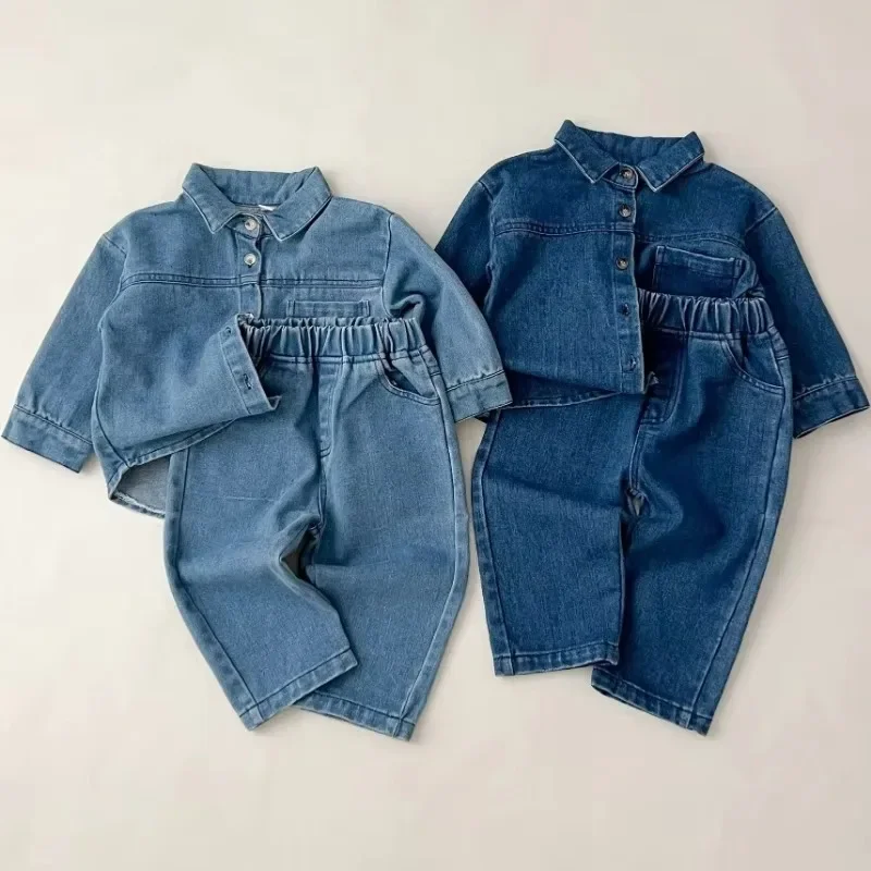 2025년 여아 봄 가을 아동 남아 2PCS 의류 세트 면 턴다운 칼라 데님 코트 + 단색 청바지 바지 남자아이 의상