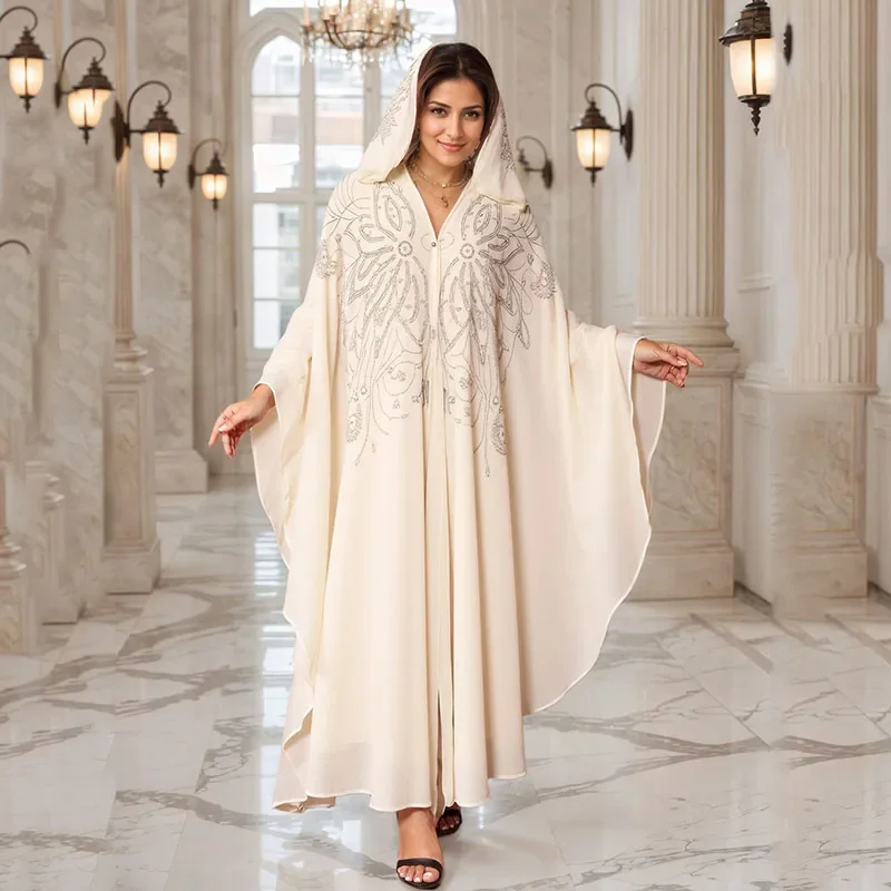2025 New Kaftan Cardigan Chiffon Long Robe Lady Eid Muslim Dress for Women Bat Sleeve Abaya Luxury Diamond Flower Party Dresses