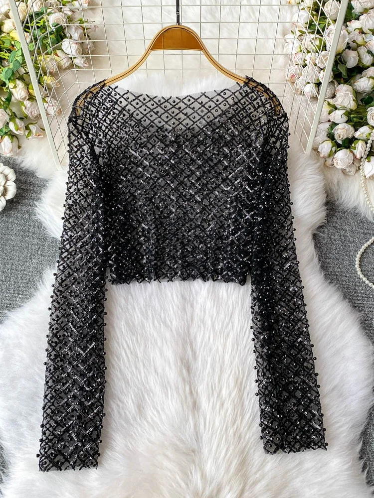 iny Sequin Long Sve round Ne ort T-irt Women's Slim Fit Sli Korean Sle Commute Pure Color Summer Top