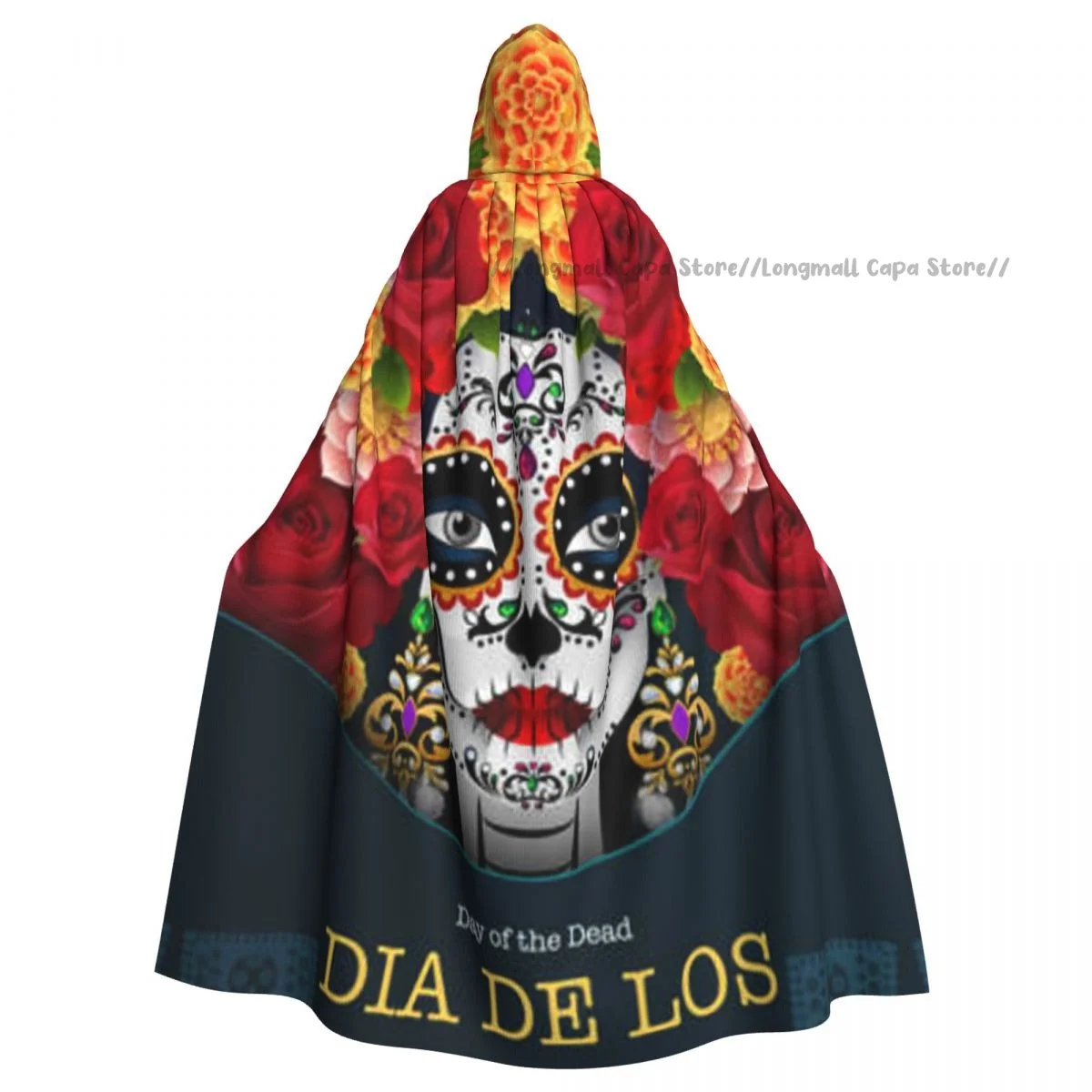 

Adult Vampire Cape Hooded Robe Dia De Los Muertos Sugar Skull Halloween Cloak Full Length Cosplay