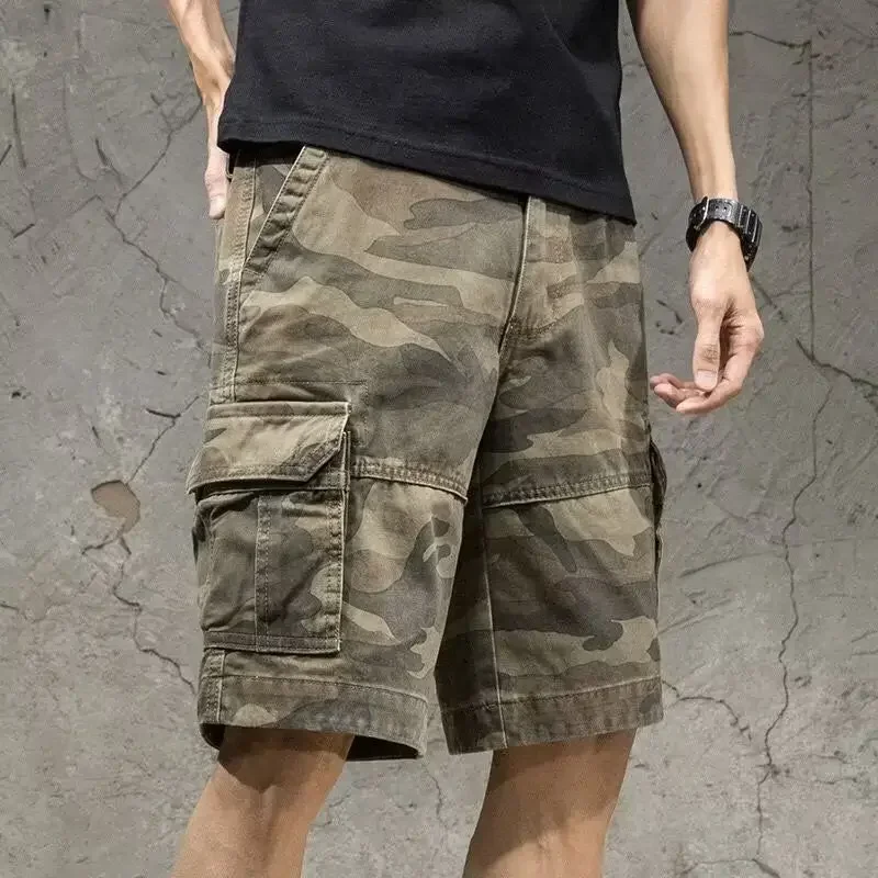 thumbnail image 1 of Pantalones cortos cargo para hombre, estilo medio camuflaje, bermudas masculinas, Y2k, bolsillo frontal, cintura elástica, anchos, cómodos y holgados, novedad de 2025, 1 of 5