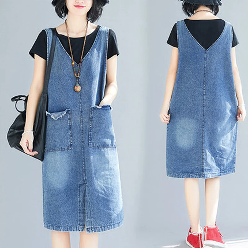 

Summer Women Loose Denim Sundress Casual V-Neck Sleeveless Split Midi Dress Female Vintage Pockets Large Size Blue Jeans Dresses