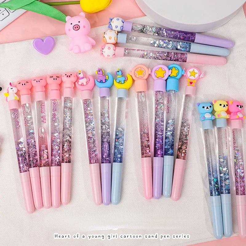 Glitter Pen With Cute Character Head | 12 Pcs Set | Assorted Character Head  & Colors | Blister Box Packing