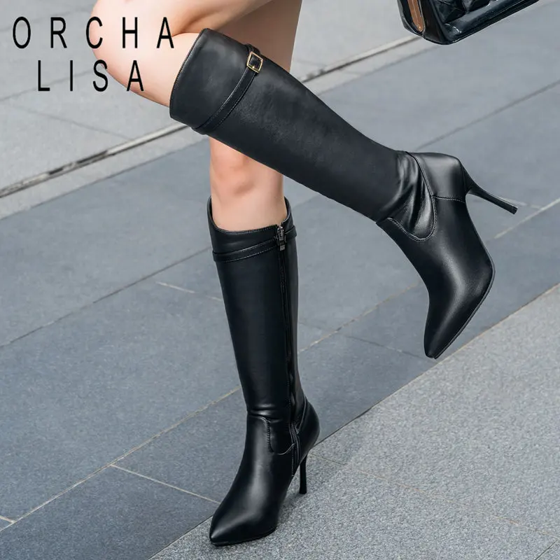 

ORCHA LISA Brand Sexy Female Knee High Boots Pointed Toe Thin Heel 9cm Zipper Belt Buckle Plus Size 42 43 44 Fashion Party Booty