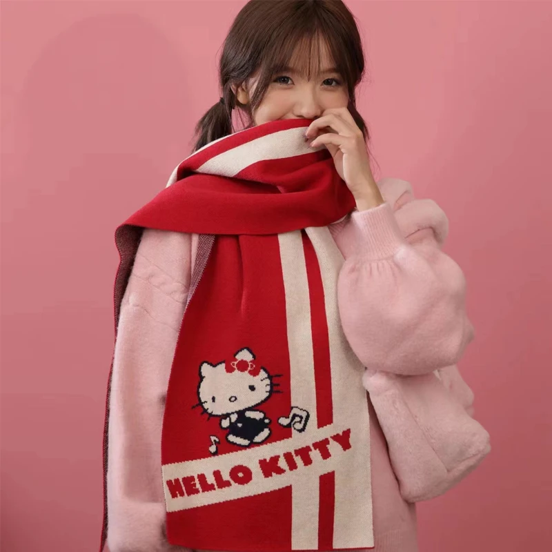 

Winter Sanrioed Knitted Scarf Hello Kitty Kuromi Cinnamoroll Cartoon Red Kawaii Windproof Warm and Cold Color Matching Scarf