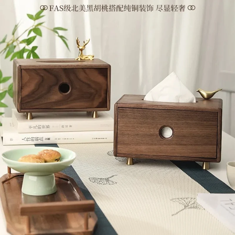 Black Walnut Wooden Drawn Paper Box Multi Functional Solid Wood Tissue Box New Chinese Style Living Room Desktop Storage Box 6