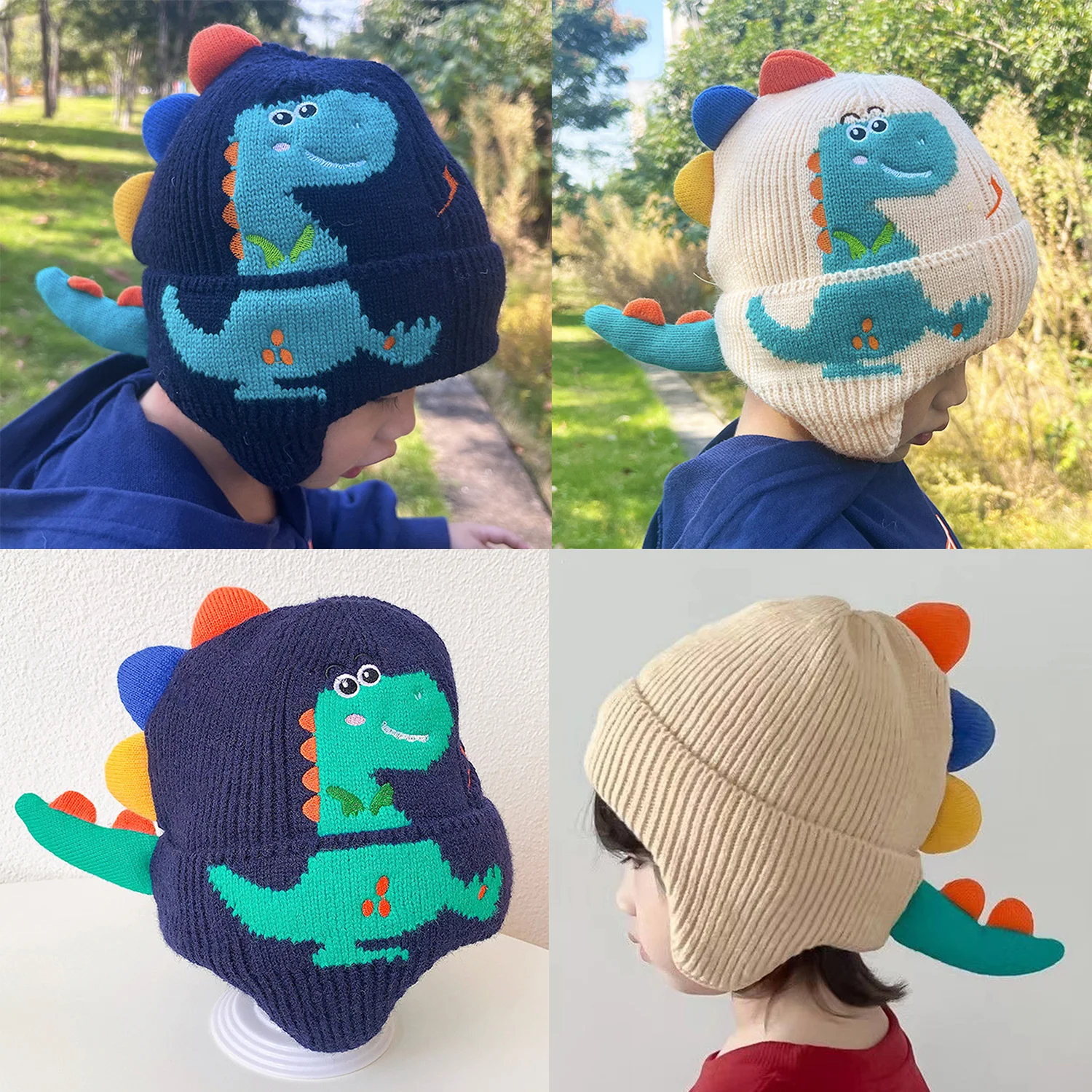

Зимняя детская шапка с ушами, 3D головной убор с динозавром для детей, для мальчиков и девочек, утолщенная теплая вязаная женская шапочка
