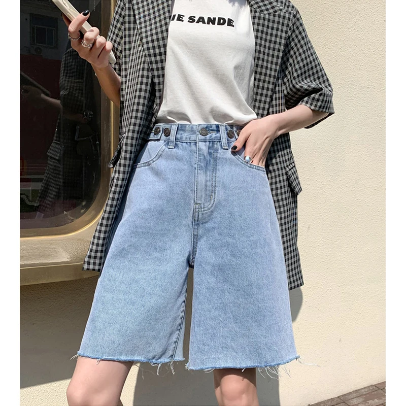 Live shot jeans women's shorts Baby blue commuting summer thin new panties loose straight five points