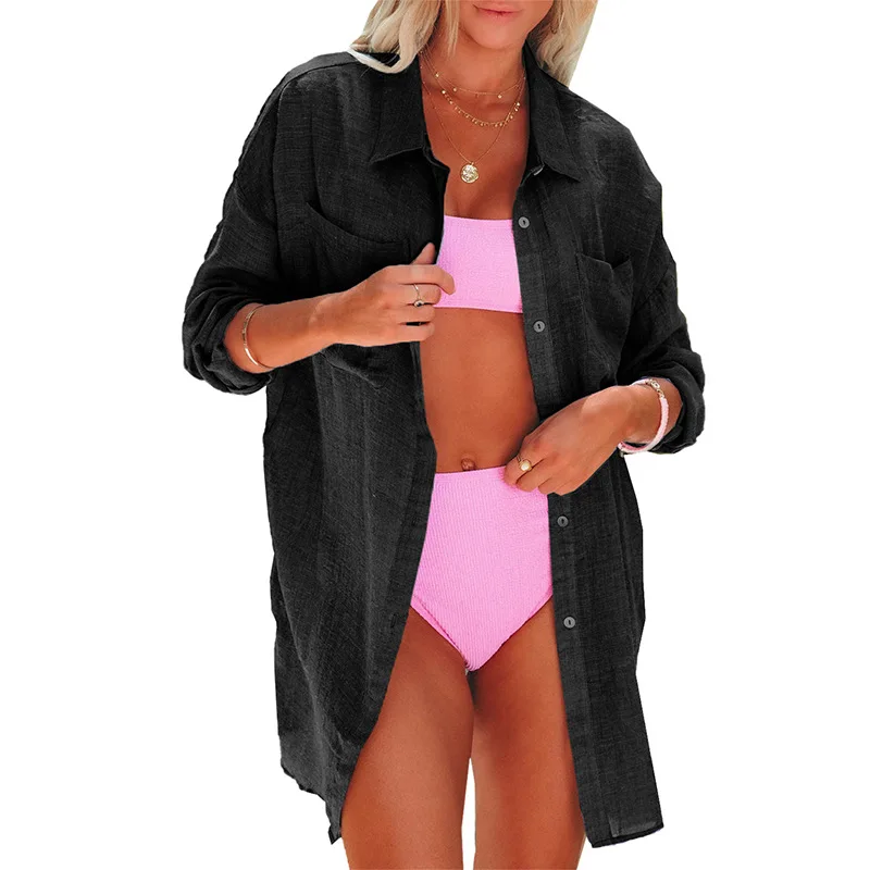 Beach Bikini Smock Cover Up Blouse Women Solid Color Long Sleeved Beachwear Shirt Collar for Ladies Beach Wear Dress with Pocket