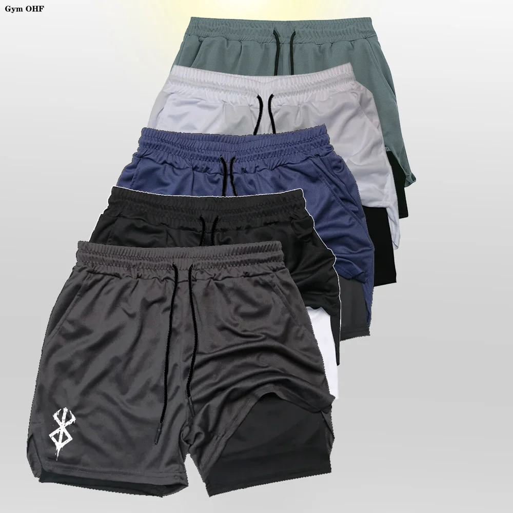 Berserk-Men's Running Shorts Quick-Dry Fitness Double Layer Shorts Men Anime Sport Workout Training Bodybuilding Short Pants 2