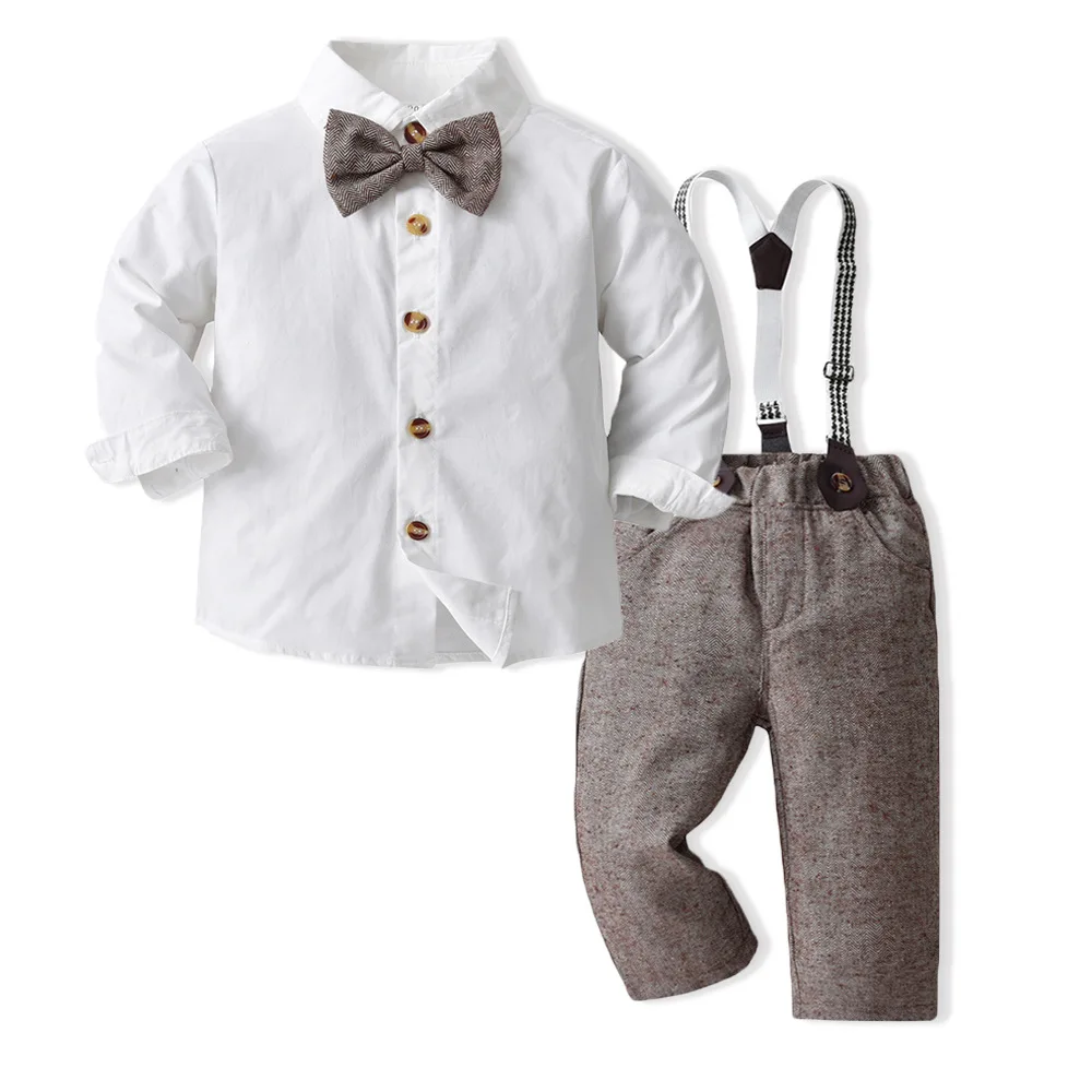 Baby Boys Party Dress Suit Cotton Long Sleeve With Shirt + Suspenders Pants 2PCS Outfits Kids Boys Gentleman Clothes Sets 4