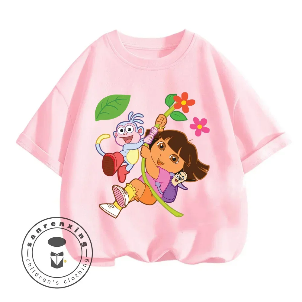 Fun Boys Girls Fashion T-shirt Dora Animated Cartoon Printed Kids T-shirt Hip Hop Boys Clothes White Short Sleeve Shirt Top 2