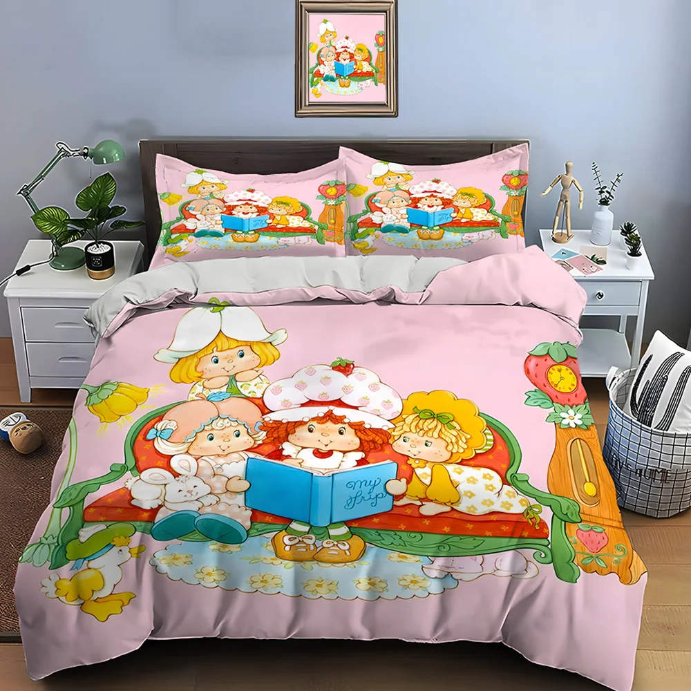 3pcs Cuete Cartoon E-Emily Erdbeer Friends 인쇄 된 침구 세트 1 이불 커버 2 베개 커버 소년 소녀 어린이 럭셔리 선물